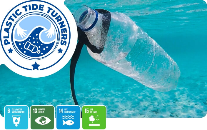 Plastic Tide Turners badge, with a plastic bottle underwater in the background and UN SDGs 6, 13, 14 & 15 in the foreground